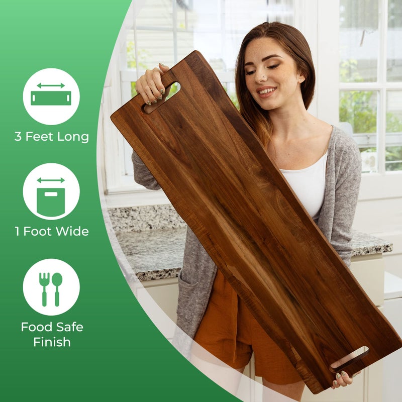 Home Beets Large Acacia Serving Board with Handles, 36 x 12 Inch Rectangular Charcuterie Platter, Natural Wood Server for Meat, Cheese Board, and Party Appetizers, Extra Long 3ft - Image 2