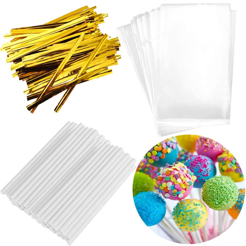 300PCS Lollipop Cake Pop Treat Bag Set Including 100pcs Parcel Bags Papery Treat Sticks Gold Metallic Twist Ties for Making Candies Chocolates and Cookies