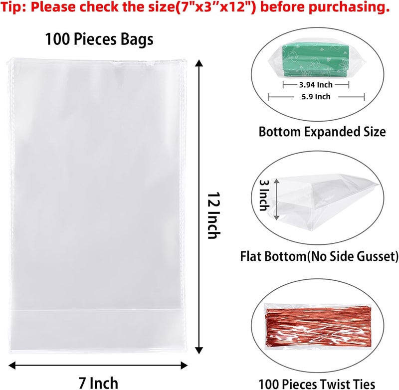 Morepack Flat Bottom Cellophane Bags,100 Pcs 7x3x12 Inches Clear Cello Bags Flat Bottom Cellophane Treat Bags for Cookie (No Side Gusset) - Image 1