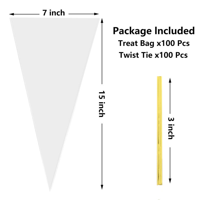Lxzyu 7x15 Inches Cone Shaped Treat Bags, 100 Pcs Clear Cellophane Treat Bags Plastic Cone Triangle Carrot Shaped with Ties for Graduation Candy Popcorn Bag Cookies Snack Party Favor Gift Pouches Decorations - Image 2