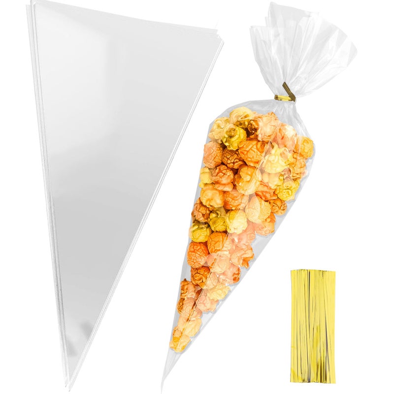 Lxzyu 7x15 Inches Cone Shaped Treat Bags, 100 Pcs Clear Cellophane Treat Bags Plastic Cone Triangle Carrot Shaped with Ties for Graduation Candy Popcorn Bag Cookies Snack Party Favor Gift Pouches Decorations - Image 1
