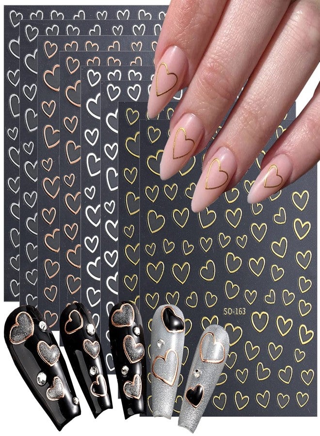 OSTTMA 8 Sheets Metallic Nail Art Stickers, Heart Love Nail Decals 3D Self Adhesive Gold Silver Rose Gold White Nail Designs, Heart Nail Sticker for French DIY Nail Decoration Manicure Accessories for Women - Image 1