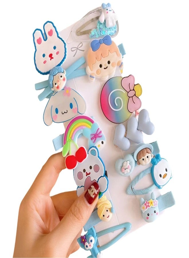 SYGA 14-Piece Baby Hair Clip Set for Girls Cute Cartoon & Floral Patterns Hair Pin Rainbow, Bunny, Bear, Heart, Cute Cat - Blue - Image 1