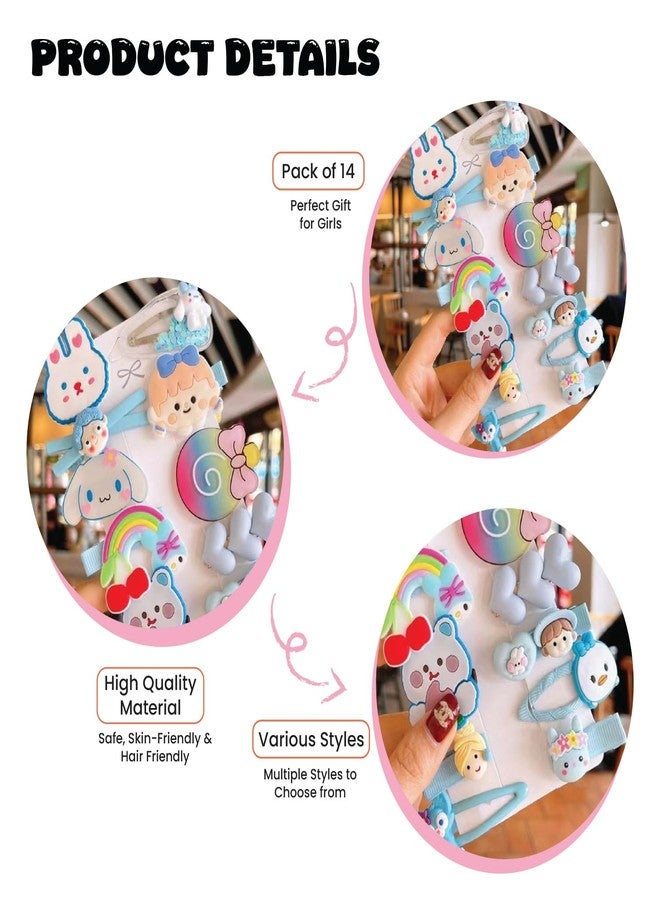 SYGA 14-Piece Baby Hair Clip Set for Girls Cute Cartoon & Floral Patterns Hair Pin Rainbow, Bunny, Bear, Heart, Cute Cat - Blue - Image 4