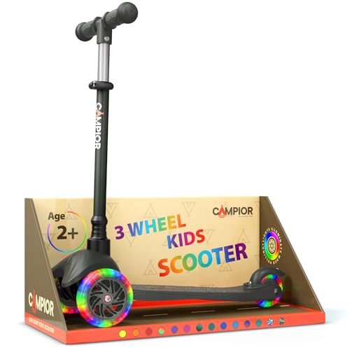Campior Black Mini 3 Wheel Scooter for Kids LeantoSteer with LED LightUp Wheels Adjustable Handlebar Wide AntiSlip Deck Smooth PU Wheels Rear Foot Brake Toddler Scooter for Ages 2 - Image 1