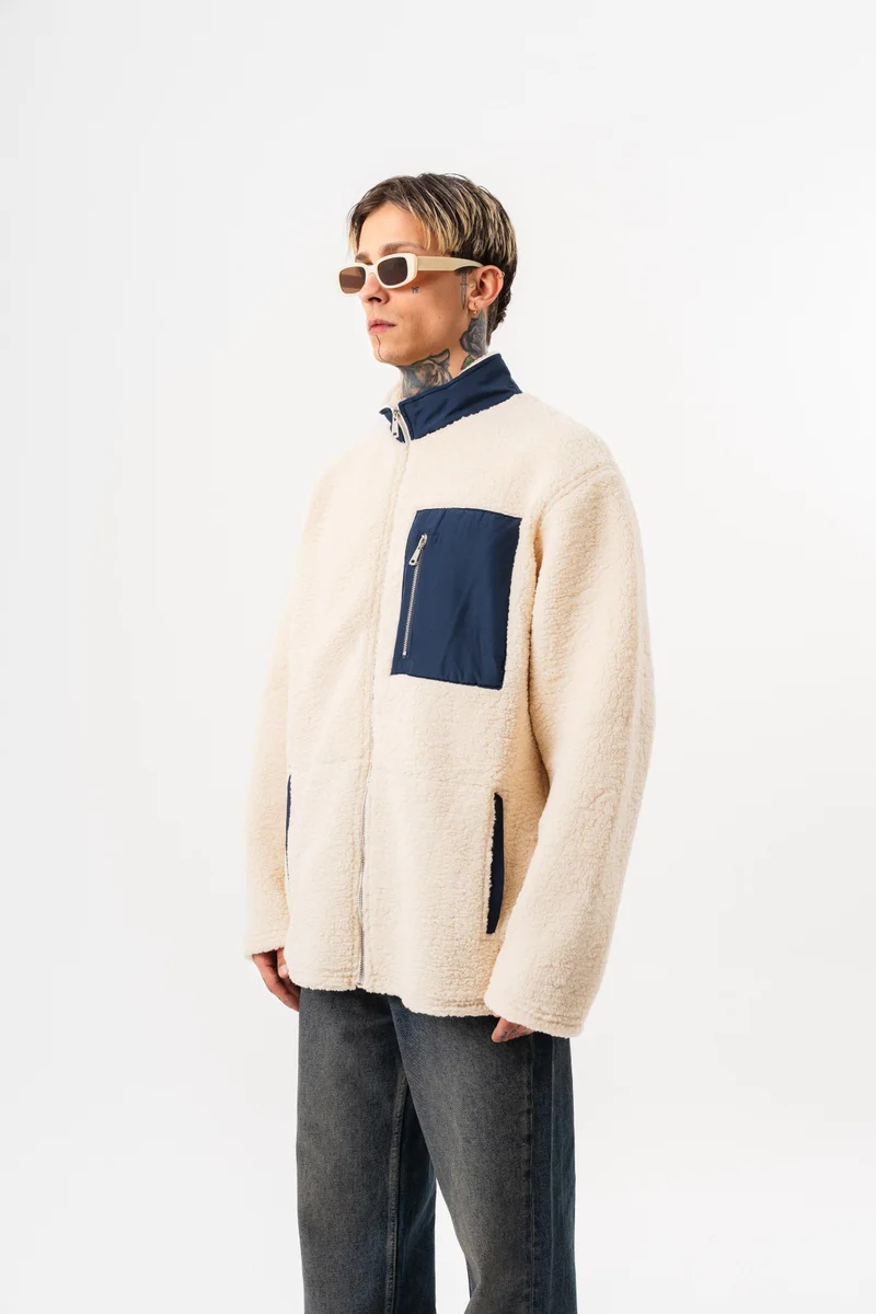 RESPIRE Men's Zip Oversize Teddy Jacket Ecru