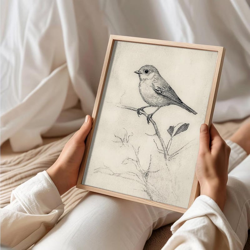 uniro Vintage Bird Sketch Wall Art Prints Farmhouse Decor Sparrow on a Branch Sketch Canvas Oil Painting Antique Bird Neutral Vintage Artwork Pictures for Bedroom Living Room Decor (8" x 10"-UNFRAMED) - Image 3