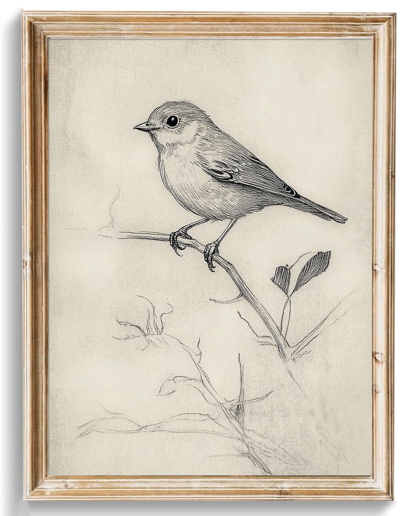 uniro Vintage Bird Sketch Wall Art Prints Farmhouse Decor Sparrow on a Branch Sketch Canvas Oil Painting Antique Bird Neutral Vintage Artwork Pictures for Bedroom Living Room Decor (8" x 10"-UNFRAMED) - Image 1