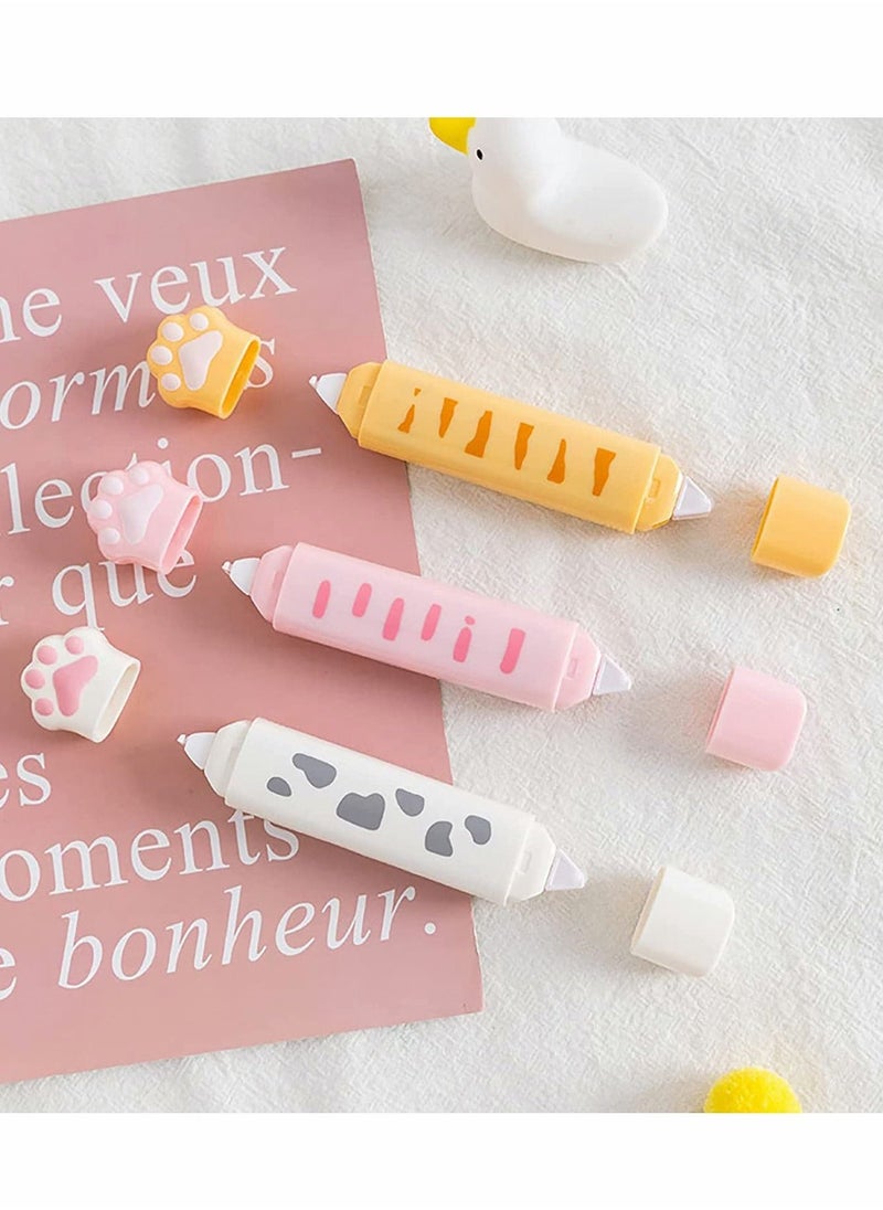 3PCS Cartoon Correction Tape Cute Cat Paw Shaped Dual Tips Writing with Glue Tip Cat-Themed Stationery Set for Kids Students Office School Supplies Yellow, White, Pink - Image 1