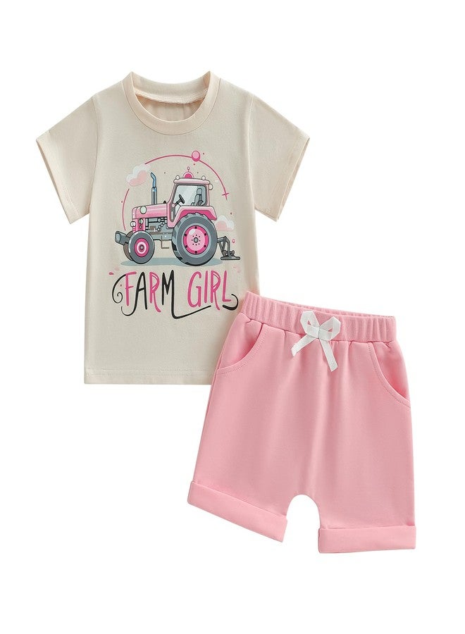 Fernvia Baby Girl Summer Clothes 3 6 12 18 24 Months Toddler Outfit Letter Tractor Short Sleeve Shirt Tops Shorts Set (Farm girl Beige, 18-24 Months) - Image 1