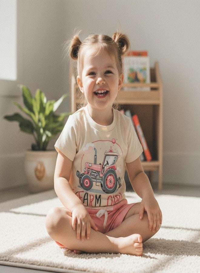 Fernvia Baby Girl Summer Clothes 3 6 12 18 24 Months Toddler Outfit Letter Tractor Short Sleeve Shirt Tops Shorts Set (Farm girl Beige, 18-24 Months) - Image 2