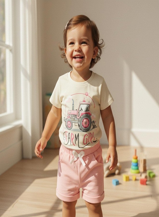 Fernvia Baby Girl Summer Clothes 3 6 12 18 24 Months Toddler Outfit Letter Tractor Short Sleeve Shirt Tops Shorts Set (Farm girl Beige, 18-24 Months) - Image 3