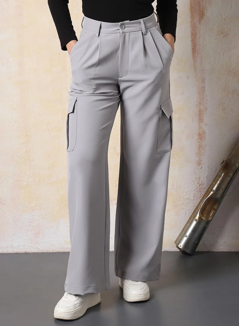 High Star grey Women Loose Fit Fit High-Rise Wrinkle Free Pleated Cargo Korean Pants for Women | Best Price UAE