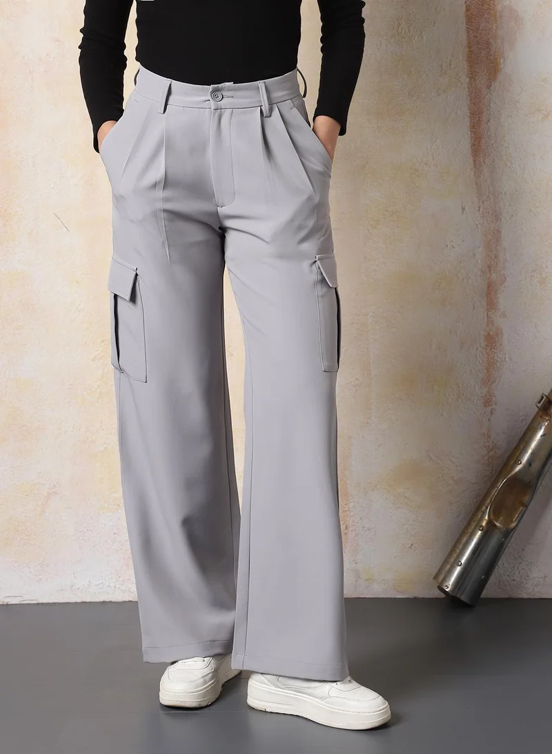 High Star grey Women Loose Fit Fit High-Rise Wrinkle Free Pleated Cargo Korean Pants for Women | Best Price UAE