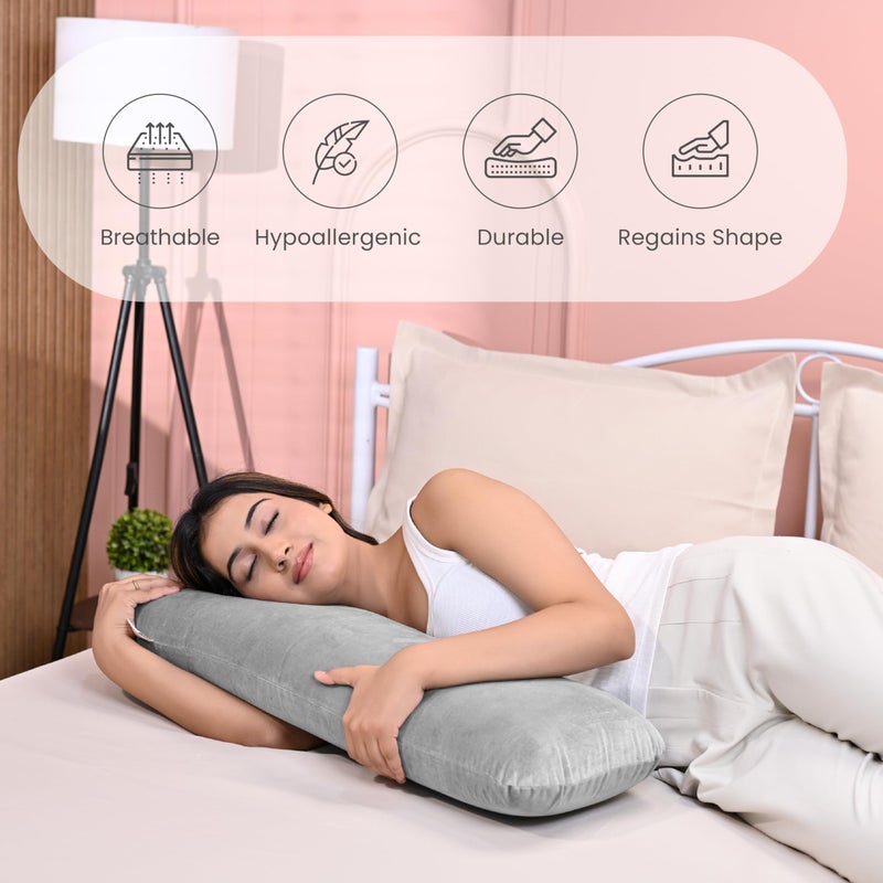 MY ARMOR وسادة جانبية نصفية من MY ARMOR مصنوعة من فوم الذاكرة للحمل والعناق، وسادة طويلة مناسبة للنائمين على الجانب ودعم الظهر - غلاف مخملي - 30x10x5 بوصة، رمادي - Image 4