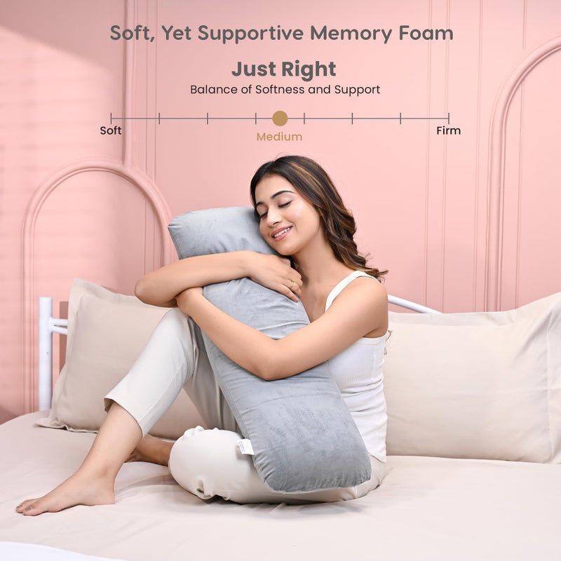 MY ARMOR وسادة جانبية نصفية من MY ARMOR مصنوعة من فوم الذاكرة للحمل والعناق، وسادة طويلة مناسبة للنائمين على الجانب ودعم الظهر - غلاف مخملي - 30x10x5 بوصة، رمادي - Image 5