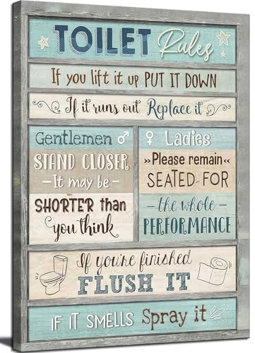 AKOTAC Funny Bathroom Rules Wall Art Blue Country Farmhouse Bathroom Painting Picture Wall Decor Toilet Civilization Slogan Poster Print Artwork for Bedroom Toilet Home Decoration - Image 1