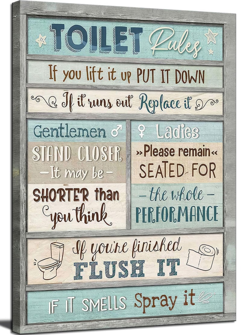 AKOTAC Funny Bathroom Rules Wall Art Blue Country Farmhouse Bathroom Painting Picture Wall Decor Toilet Civilization Slogan Poster Print Artwork for Bedroom Toilet Home Decoration - Image 2