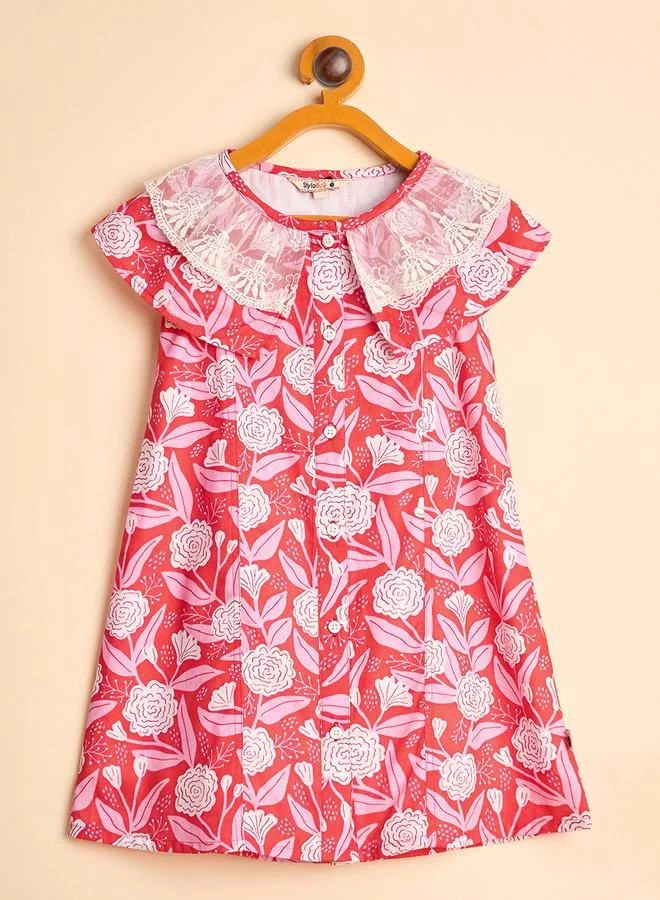 Stylo Bug Girls Floral Print Lace Neckline Dress