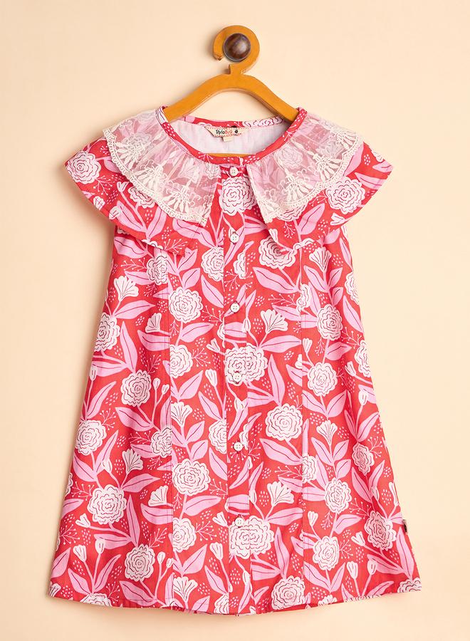 Stylo Bug Girls Floral Print Lace Neckline Dress - Image 1