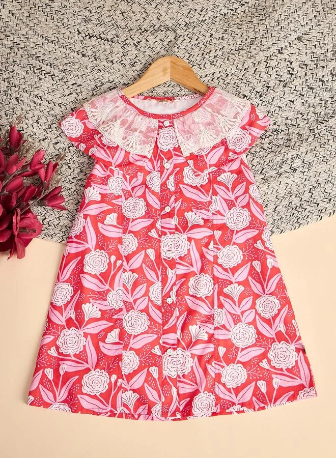 Stylo Bug Girls Floral Print Lace Neckline Dress