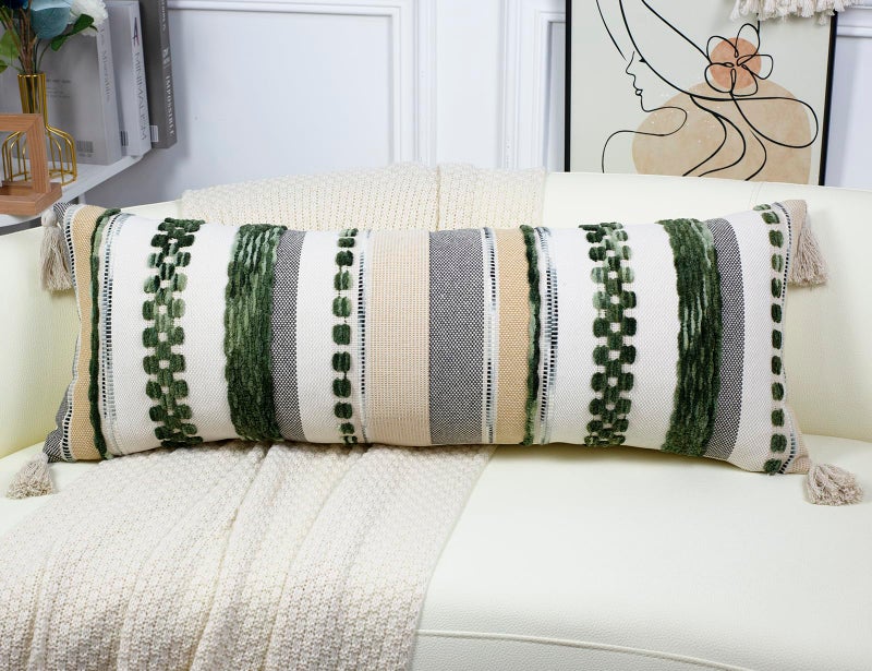 PANOD Boho Long Lumbar Throw Pillow Cover 14 x 36 Dark Green, Chenille Morocan Extra Long Pillow Case Cover, Decorative Long Pillow for Bed Couch Sofa Farmhouse - Image 2