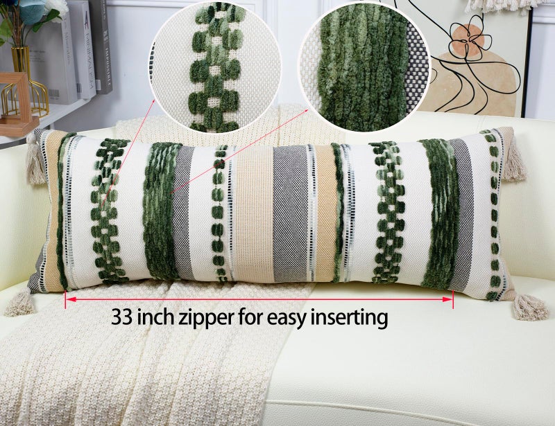 PANOD Boho Long Lumbar Throw Pillow Cover 14 x 36 Dark Green, Chenille Morocan Extra Long Pillow Case Cover, Decorative Long Pillow for Bed Couch Sofa Farmhouse - Image 4