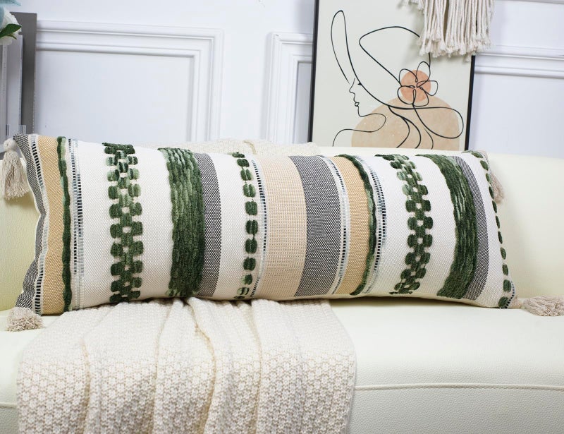 PANOD Boho Long Lumbar Throw Pillow Cover 14 x 36 Dark Green, Chenille Morocan Extra Long Pillow Case Cover, Decorative Long Pillow for Bed Couch Sofa Farmhouse - Image 3