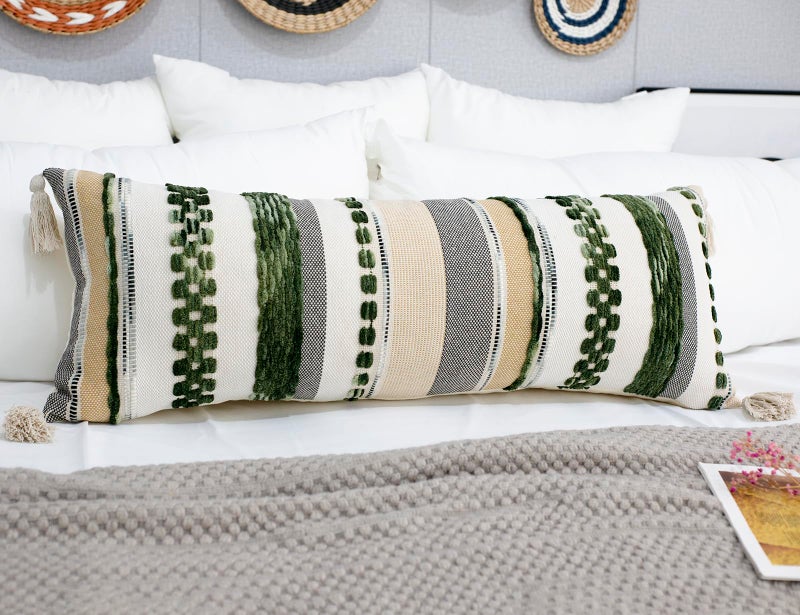 PANOD Boho Long Lumbar Throw Pillow Cover 14 x 36 Dark Green, Chenille Morocan Extra Long Pillow Case Cover, Decorative Long Pillow for Bed Couch Sofa Farmhouse - Image 1