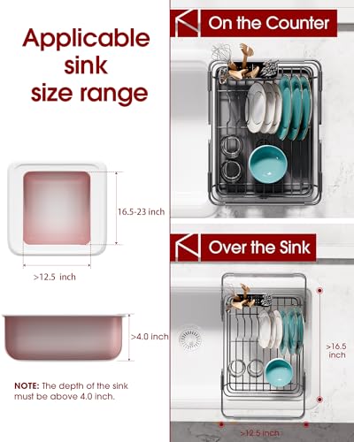 Sakugi Extendable Dish Drying Rack Over Sink with Dish Drainer Sink Organization and Storage Essentials with Silverware Utensil Holder Home and Apartment Decor 12 W x 16123 L Silver - Image 3