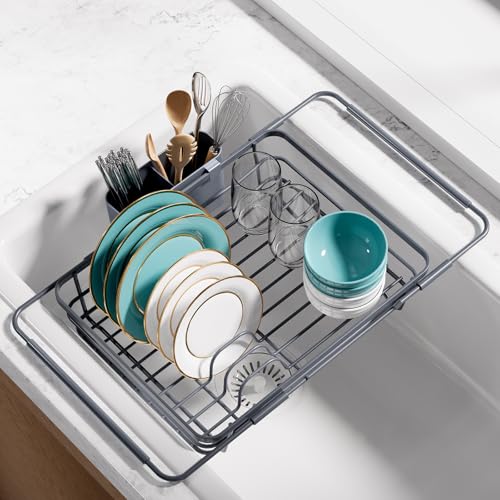 Sakugi Extendable Dish Drying Rack Over Sink with Dish Drainer Sink Organization and Storage Essentials with Silverware Utensil Holder Home and Apartment Decor 12 W x 16123 L Silver - Image 1