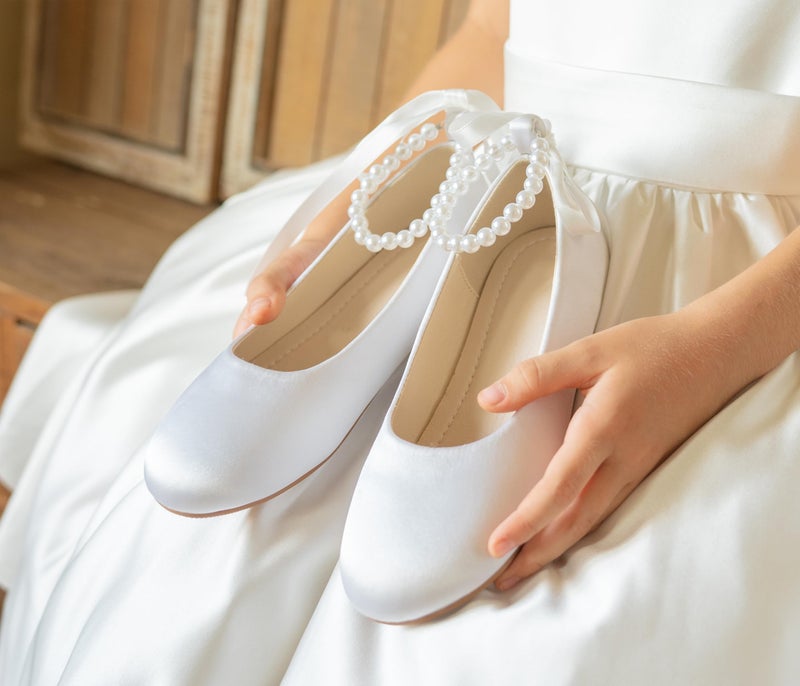 PHIRAMIN Toddler Flower Girl Satin White Dress Shoes - Little Girl Ballet Flats Size 7 Pearl Wedding Party - Image 3