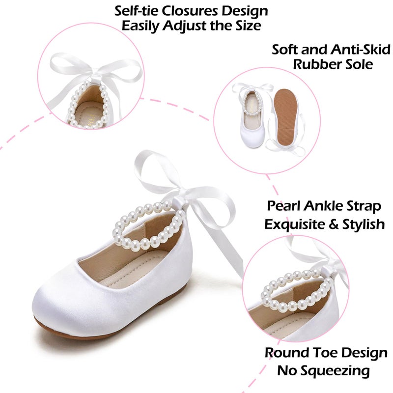 PHIRAMIN Toddler Flower Girl Satin White Dress Shoes - Little Girl Ballet Flats Size 7 Pearl Wedding Party - Image 5