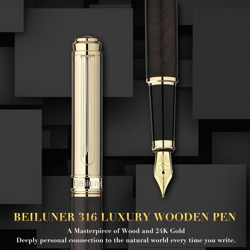 BEILUNER 316 Fountain Pen,Stunning Luxury Blackwood,24K Gilded Nib(Fine),Gorgeous 24K Gold Finish, Ink Converter,Fancy Gift for Men&Women-Elegant,Executive,Graduation Pens for Writing, BK-F - Image 2