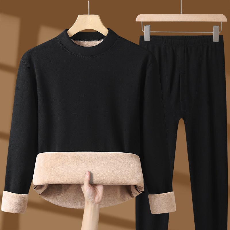 Warm Clothes Mens Thickened fleece-lined Cold-proof New Winter Womens Autumn Clothes and Autumn Trousers suit Lamb Fleece Mid-collar Black men's style 