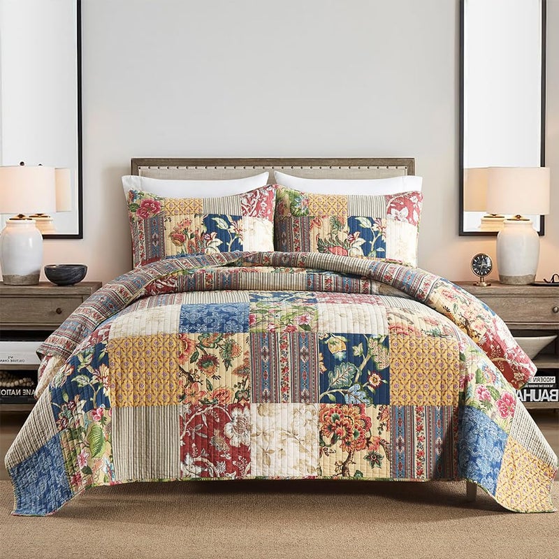 VISIMISI Cotton Bedspread Quilt Sets Reversible Bedding Coverlet Sets 3 Pieces Gorgeous Rustic Vintage Floral Red Yellow Patchwork Bedspread, Queen Size - Image 1