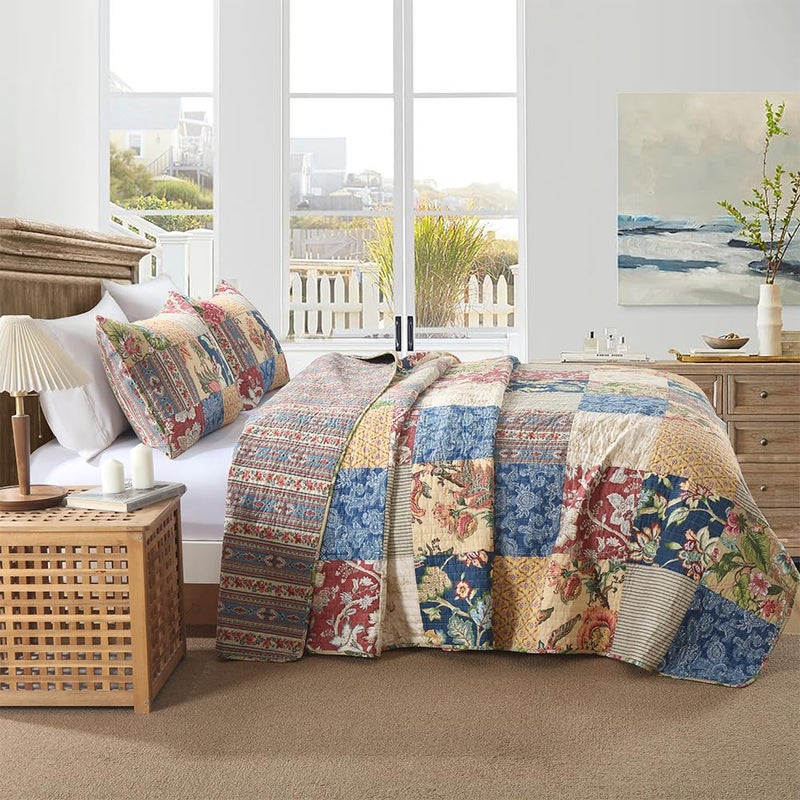 VISIMISI Cotton Bedspread Quilt Sets Reversible Bedding Coverlet Sets 3 Pieces Gorgeous Rustic Vintage Floral Red Yellow Patchwork Bedspread, Queen Size - Image 3