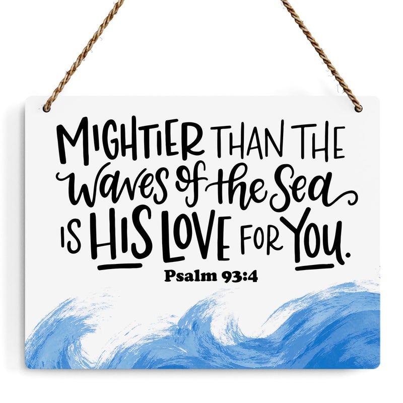 BELLOWDEER Inspirational Nautical Decor Mightier Than The Waves of The Sea Psalm 93:4 Scripture Wooden Hanging Sign Christian Gift for Baby Kids Girl Boy Nursery Teen Room Bible Verse Wall Art 10 x 8 Inches - Image 1