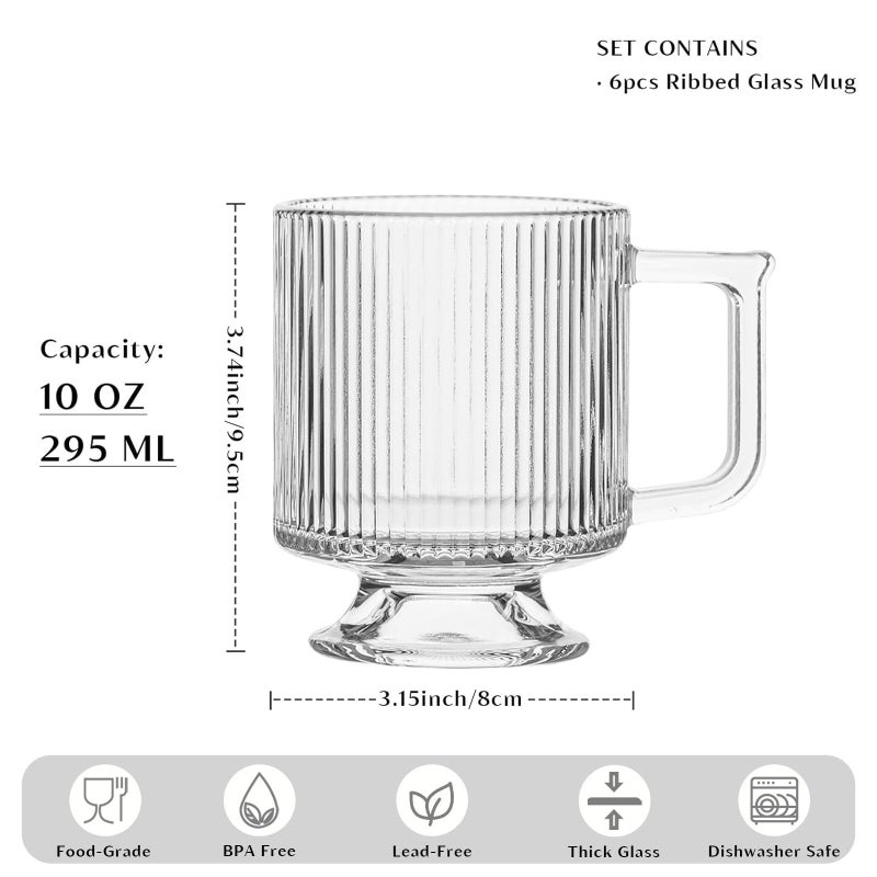 INSETLAN 6-Piece Ribbed Glass Coffee Mug Set, 10 oz Clear Glass Tea Cups with Handle, Modern Vertical Stripe Design for Everyday Drinks â€“ Perfect for Coffee, Tea, Latte, Cappuccino, and More - Image 2