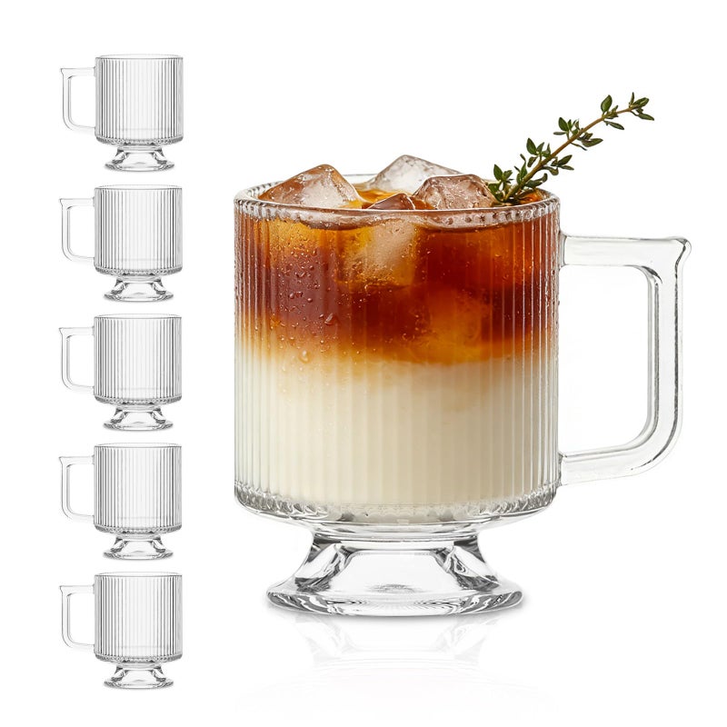 INSETLAN 6-Piece Ribbed Glass Coffee Mug Set, 10 oz Clear Glass Tea Cups with Handle, Modern Vertical Stripe Design for Everyday Drinks â€“ Perfect for Coffee, Tea, Latte, Cappuccino, and More - Image 1