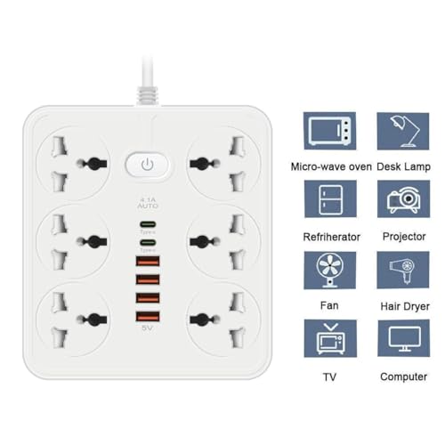 BOVTY Extension Board with 20W Fast PD Type C 2500W 10A Extension Cord 4 Universal Socket 38W USB Fast Charging Ports Multi Port Extension for Home,Office,Computer,Mobile 2M Power Cord. (Z67-White) - Image 3