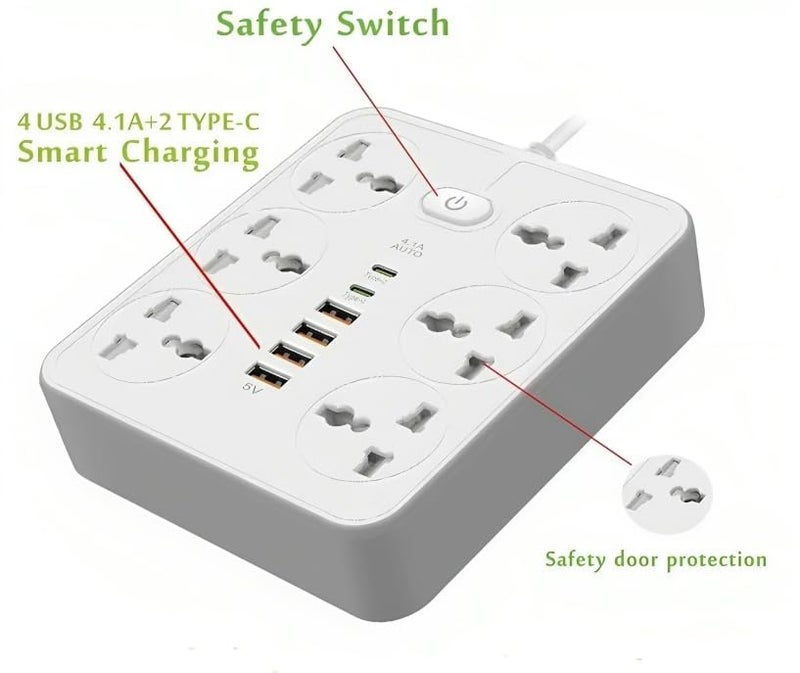 BOVTY Extension Board with 20W Fast PD Type C 2500W 10A Extension Cord 4 Universal Socket 38W USB Fast Charging Ports Multi Port Extension for Home,Office,Computer,Mobile 2M Power Cord. (Z67-White) - Image 5