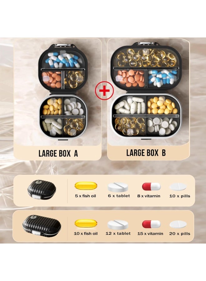 منظم حبوب الدواء للسفر، عبوتان من علب حبوب الدواء المحمولة لمدة 7 أيام، علبة حبوب صغيرة مقاومة للرطوبة، حاوية يومية للأدوية والفيتامينات، لتتبع الأدوية والمكملات الغذائية، مستلزمات السفر الأساسية (صغيرة + كبيرة) - Image 2