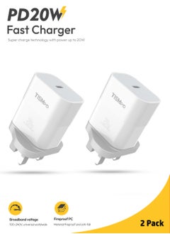 تيسمبرو 2 عبوة، شاحن سريع USB-C بقدرة 20 واط | محول طاقة PD20W من النوع C | شحن مدمج وآمن لسلسلة iPhone 8-16 و iPad و Samsung والمزيد | حماية ذكية | أبيض  - Image 1