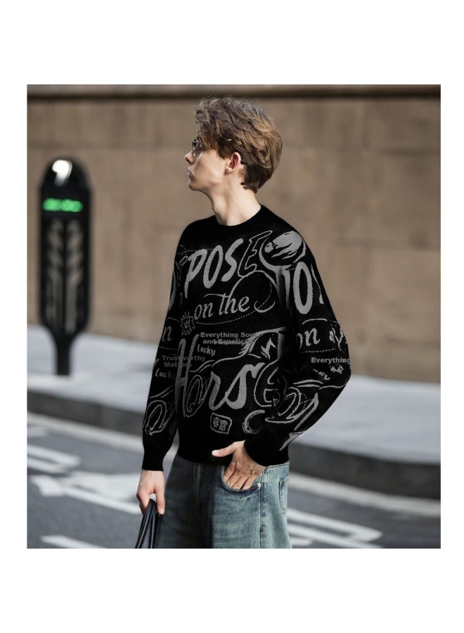 Tonlion Autumn Winter Couple Matching Size Crewneck All-over Large Text Pattern Knit Sweater Red New Year Edition - Image 3