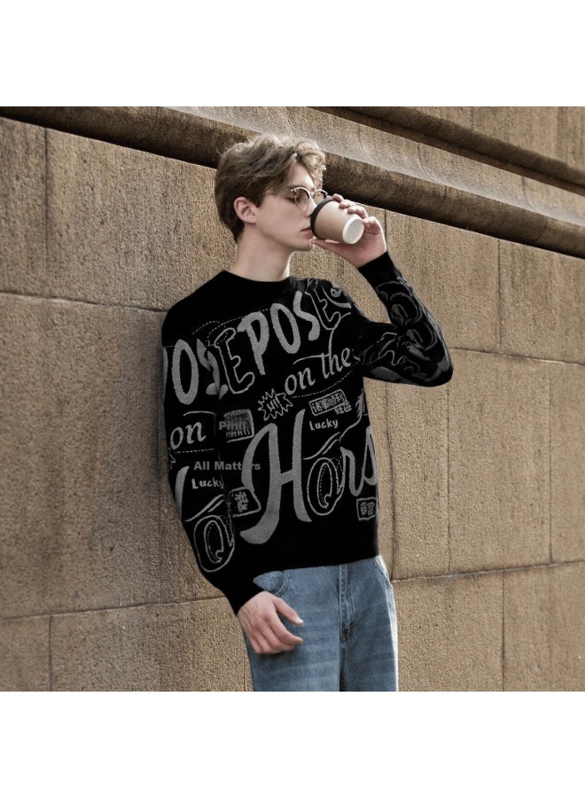 Tonlion Autumn Winter Couple Matching Size Crewneck All-over Large Text Pattern Knit Sweater Red New Year Edition - Image 2