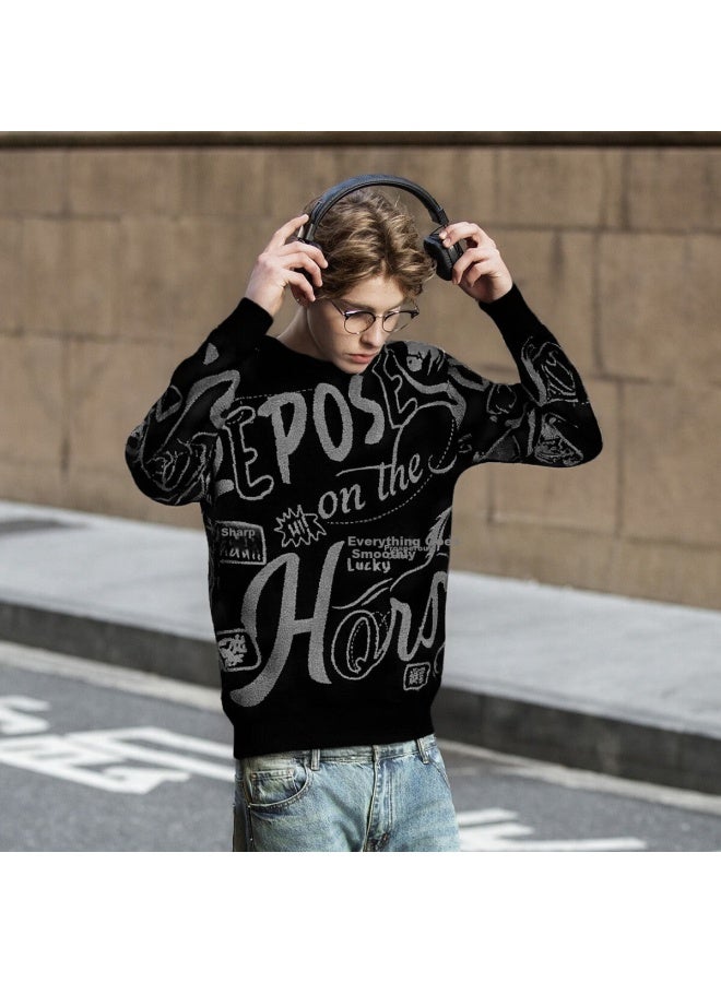 Tonlion Autumn Winter Couple Matching Size Crewneck All-over Large Text Pattern Knit Sweater Red New Year Edition - Image 1