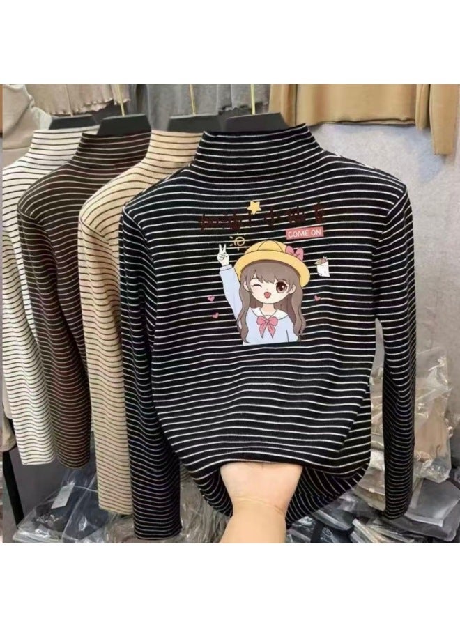 Boys And Girls' Thermal Base Layer Shirts, Spring And Autumn, Big Kids' Half-high Collar Long-sleeve T-shirts, Stylish Striped Warm Tops