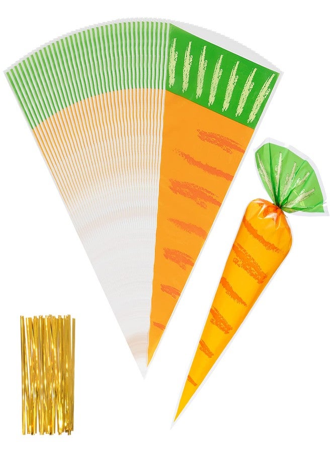 ISKYBOB 100Pcs Carrot Candy Bags with Tie Plastic Carrot Treat Bunny Cello Cone Bag - Image 1