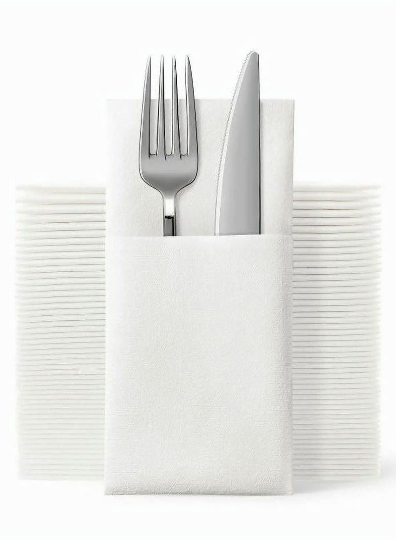 Y&D Disposable Cloth-Like Napkins with Built-in Flatware Pocket - White, Prefolded for Silverware - 50 Count - Image 1